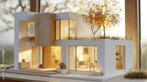 A modern, light-filled home model showcases a contemporary architectural design.