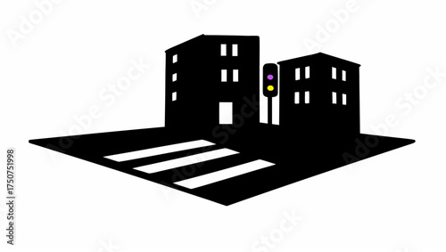Silhouette illustration of a city street with buildings crosswalk and traffic light displaying yellow light