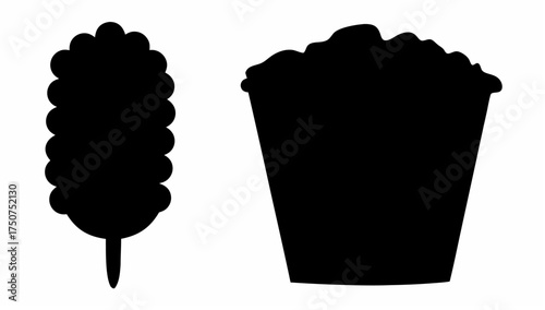 Silhouette of corn on the cob on a stick and a container of popcorn on a white background image view