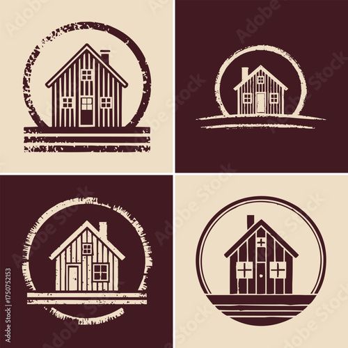 Rustic wooden cabin emblem collection, vintage house logo set with circular frame, retro architecture illustration for t shirt design