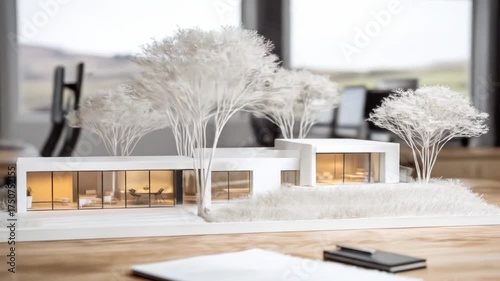 A modern, minimalist house model displayed on a wooden table, surrounded by trees.