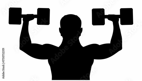 Silhouette of muscular man lifting dumbbells overhead in a fitness or gym setting with a white background