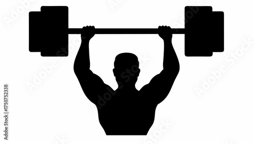 Silhouette of a muscular man lifting a heavy barbell overhead with both arms extended in a gym setting