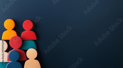 Colorful people figures arranged on a dark blue textured background.