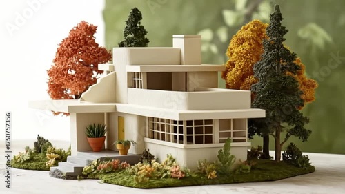 Detailed miniature model of a modern house with meticulously crafted landscaping.