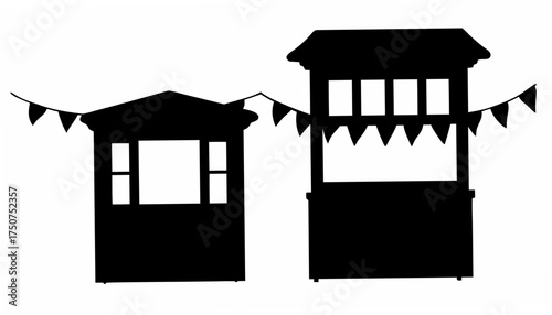 Silhouette of two market stalls decorated with bunting creating a festive and commercial atmosphere scene