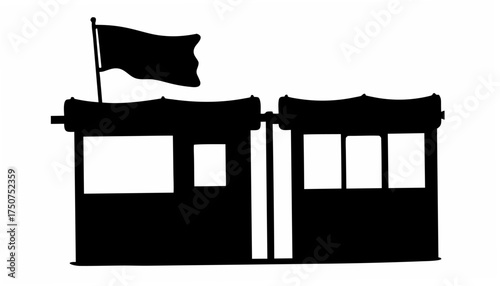 Silhouette illustration of two guard booths with windows and a flag waving on the left booth top