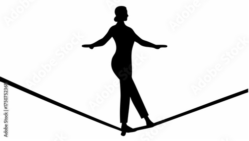Silhouette of a woman in a suit balancing on a tightrope with arms outstretched for equilibrium and focus