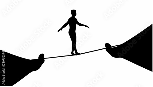 Silhouette of a person walking on a tightrope held between two cliffs in a black and white illustration