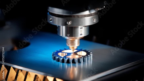 Precision laser cutting of a metal gear, showcasing industrial manufacturing technology.