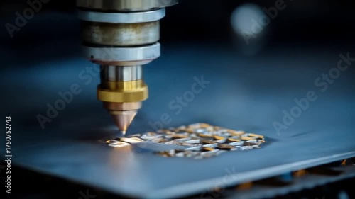 Precision metal cutting process with sparks and intricate design.