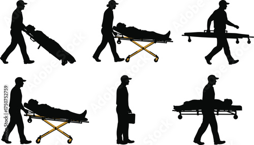 Medical silhouette, emergency stretcher, patient transport, healthcare worker, hospital care, ambulance staff, rescue service, patient support, clinical job, black illustration
