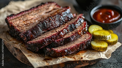 Juicy sliced smoked brisket with bbq sauce and pickles