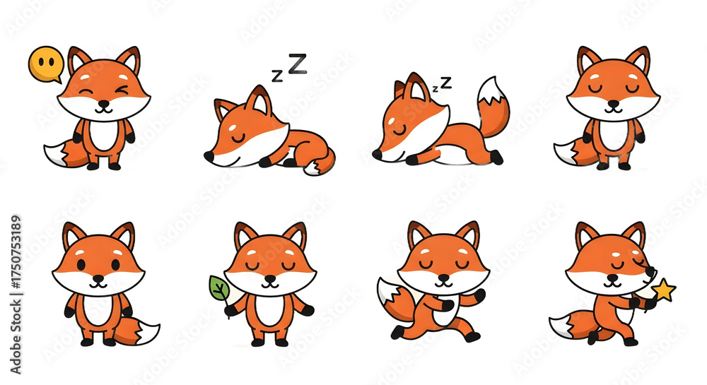 Fototapeta premium Cute cartoon fox icon set, hand-drawn style, showing playful poses and emotions. Ideal for children's designs, forest themes, and engaging digital graphics