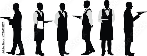 Waiter silhouette, restaurant server, holding tray, serving drinks, food service, formal attire, hospitality worker, catering staff, professional job, black illustration