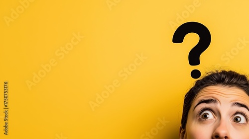 Surprised woman looks up at large question mark on yellow background