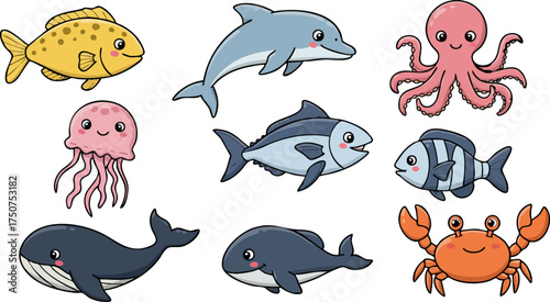 Cute cartoon sea creatures including fish dolphin octopus whale crab and jellyfish