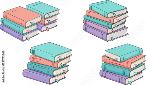 Stacked books illustration featuring various colors and textures for educational content