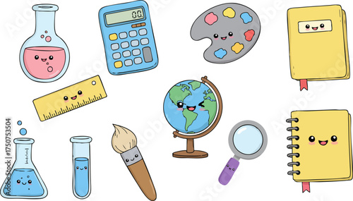 Cute cartoon school supplies including globe calculator and art supplies on black