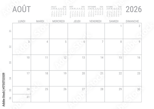Août 2026 Calendrier Mensuel Planificateur avec Numero de Semaine à imprimer A4	