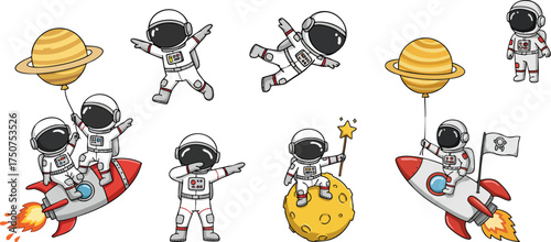 Cartoon astronauts explore space with rockets planets and stars on a black background