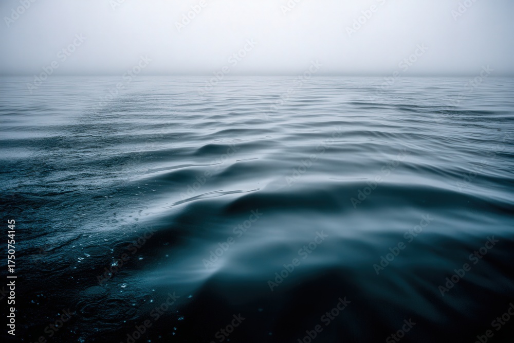 Fototapeta premium Captivating expanse of tranquil waters reflecting subtle light amidst a mysterious foggy atmosphere evoking serene introspection and a sense of calm contemplation in a meditative aquatic