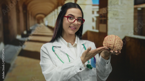 Canvastavla Hispanic woman doctor in uniform holding brain model with stethoscope in old university outdoor setting