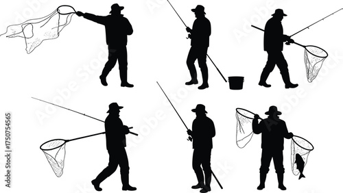 Fishing silhouette, fisherman with rod, casting net, catching fish, outdoor activity, angler sport, hobby lifestyle, recreation, isolated figure, black illustration