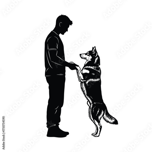 Silhouette of a man holding paws with a wolf like dog standing on its hind legs happily