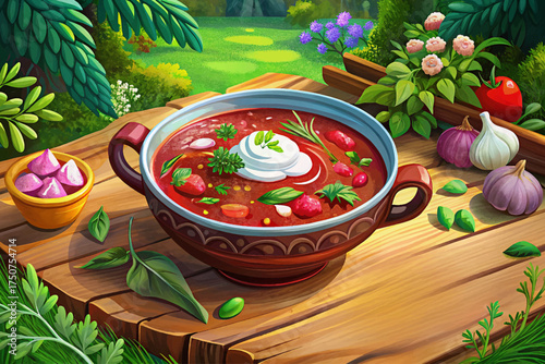 Russian borscht beet soup with sour cream and dill, rich in flavor and color vector traditional Slavic cuisine