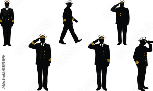 Flat vector naval officer silhouettes, military captain uniform poses, maritime crew illustration, sailor profession icons, isolated black figures, formal design set
