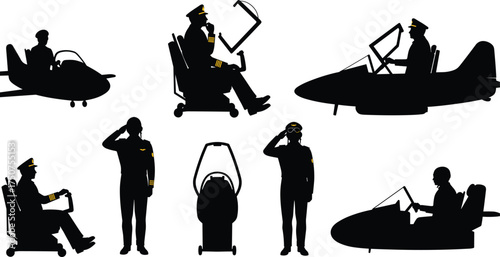 Flat vector pilot silhouettes, aviation crew uniform poses, aircraft cockpit illustration, professional airline icons, isolated black figures, aviation design set