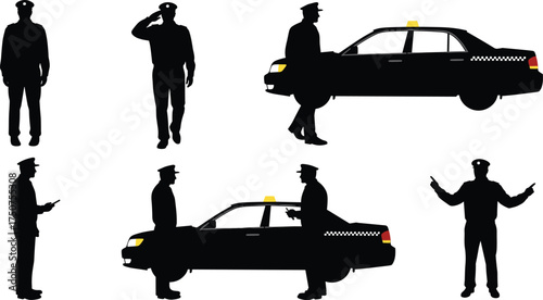 Police officer silhouette, law enforcement, patrol car, saluting officer, pointing gesture, police staff, security service, uniform worker, professional job, illustration