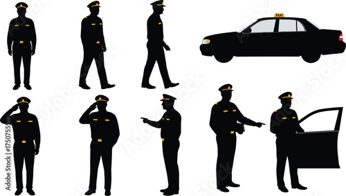 Taxi driver silhouette, chauffeur with car, uniform worker, holding phone, opening door, pointing gesture, transport service, cab driver, professional job, illustration
