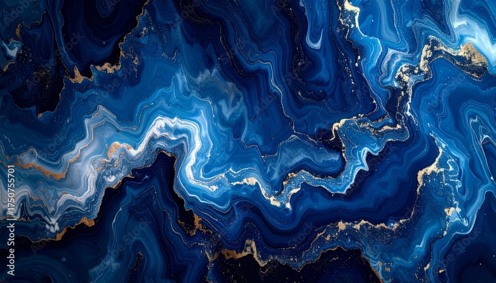 Obraz premium Deep blue liquid abstract art background with gold veins