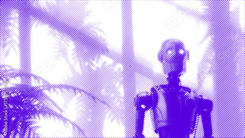 Futuristic robot in tropical jungle with glowing eyes. Retro halftone sci-fi poster in purple neon tones, surreal cyberpunk robot design, bitmap texture and vintage retrofuturism art concept