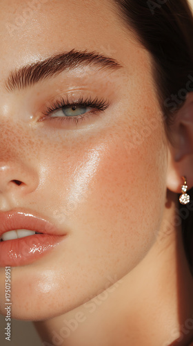 Close-up on radiant skin, glowing with health. Subtle freckles and glossy lips enhance the natural beauty. Eye-catching jewelry adds a touch of elegance.