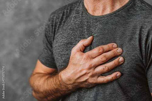 Capturing a moment of deep emotion and vulnerability a man gently placing his hand over his heart as he expresses feelings of authenticity and connection in a profound personal experience