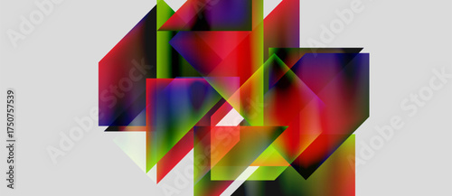 Abstract geometric composition. Vivid colors blend, creating dynamic shapes. Complex interplay light, shadow defines form. Modern design.