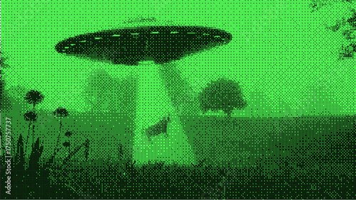 Retro bitmap UFO abduction poster with cow and alien saucer. UFO sci-fi illustration in halftone dotted style, neon beam, pixel noise texture, vintage 50s extraterrestrial UFO attack concept