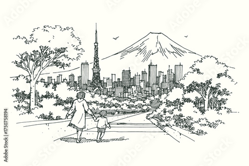 Photography Vintage hand-drawn Tokyo cityscape with Mount Fuji in the background, detailed engraving style