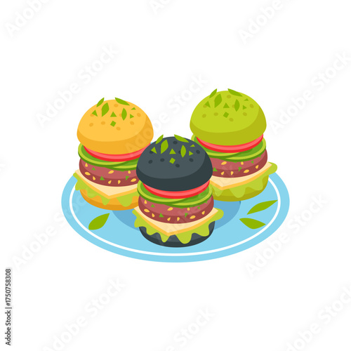 Colorful Miniature Burgers on a Blue Plate