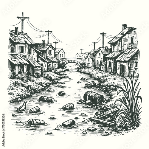 Detailed vintage hand-drawn illustration of a polluted slum river with trash and old houses. Perfect for editorial, awareness, or social artwork.