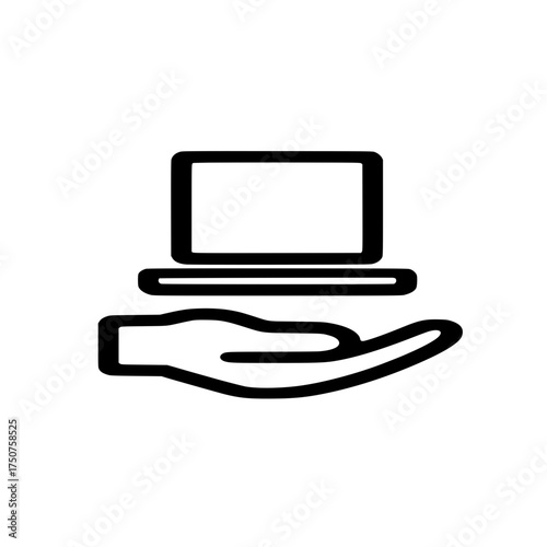 Icon of laptop above hand symbolizing remote work technology care and digital services