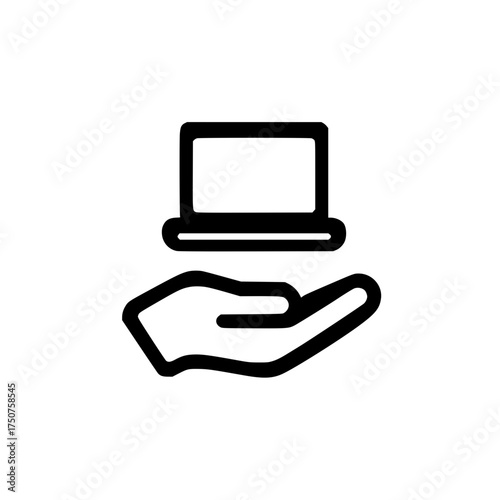 Open hand holding laptop icon representing innovation digital care and connectivity