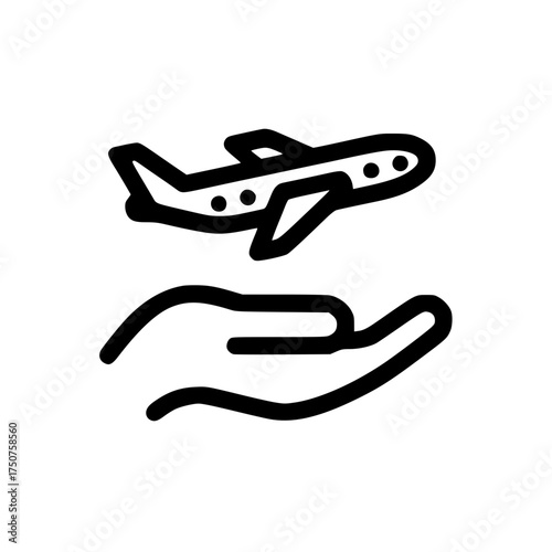 Airplane icon above open palm symbolizing travel support care and safe journey concept