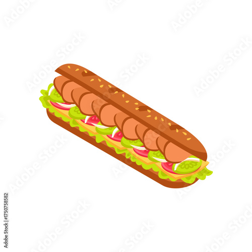 Delicious Long Sandwich with Fresh Ingredients Isolated on White