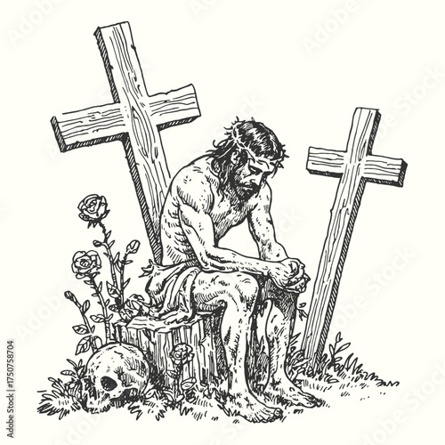 Emotional hand-drawn sketch of Jesus sitting by two crosses in a vintage engraving style. Suitable for book illustration or spiritual artwork.