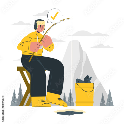 Peaceful Winter Activity Illustration: Man Ice Fishing

