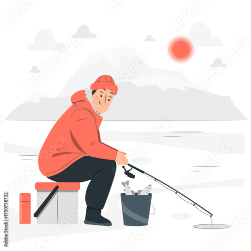 Ice Hole Fishing Cartoon Style Vector Art

